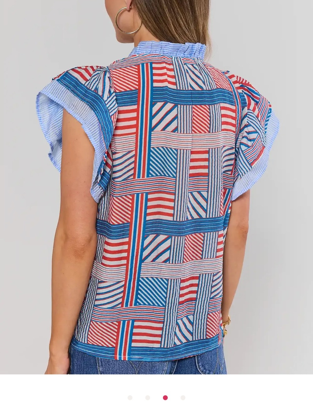 NWOT Avara Lisa Patchwork Striped V-Neck Flutter Sleeve Blouse - Blue & Red - Picture 3 of 6